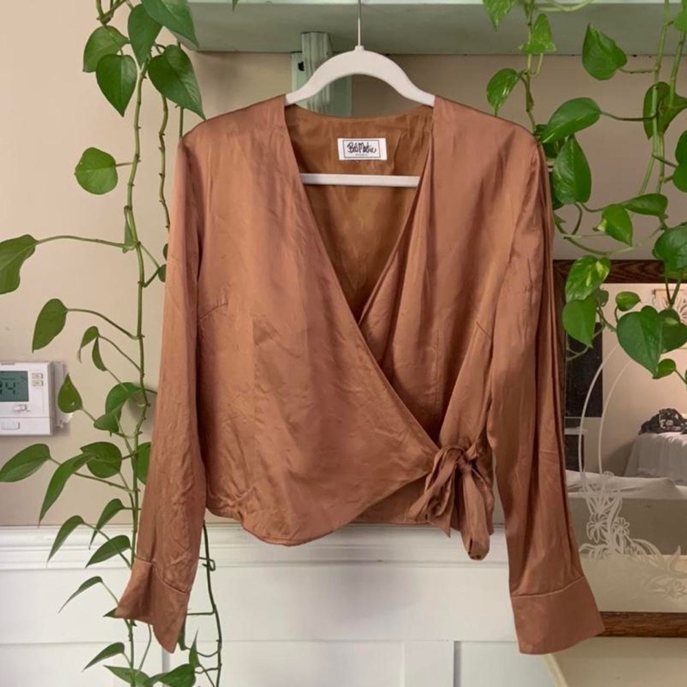 Vintage wrap blouse in luxurious copper silk by Bob Mackie Studio.